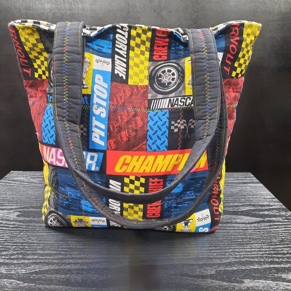 NASCAR Quilted Patchwork Tote Bag Racing Victory Lane Handmade Shoulder Bag